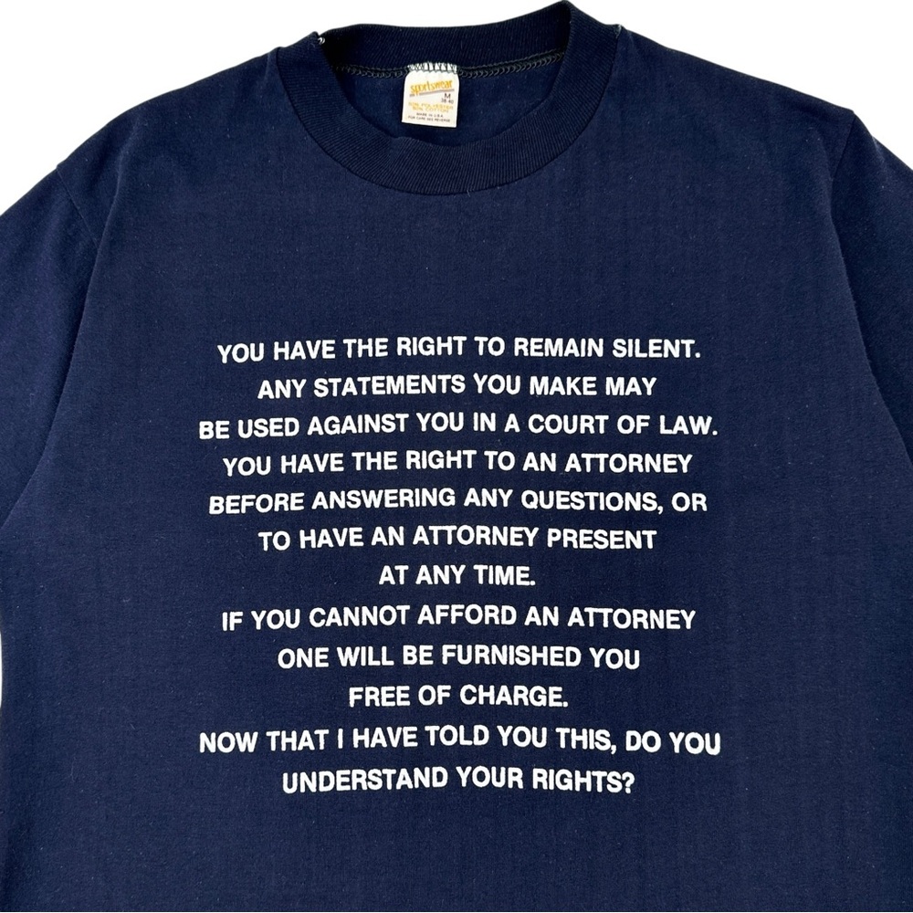 RARE Single Stitch Vintage Navy Blue Miranda Rights Collector’s T-Shirt Tee - Picture 3 of 8